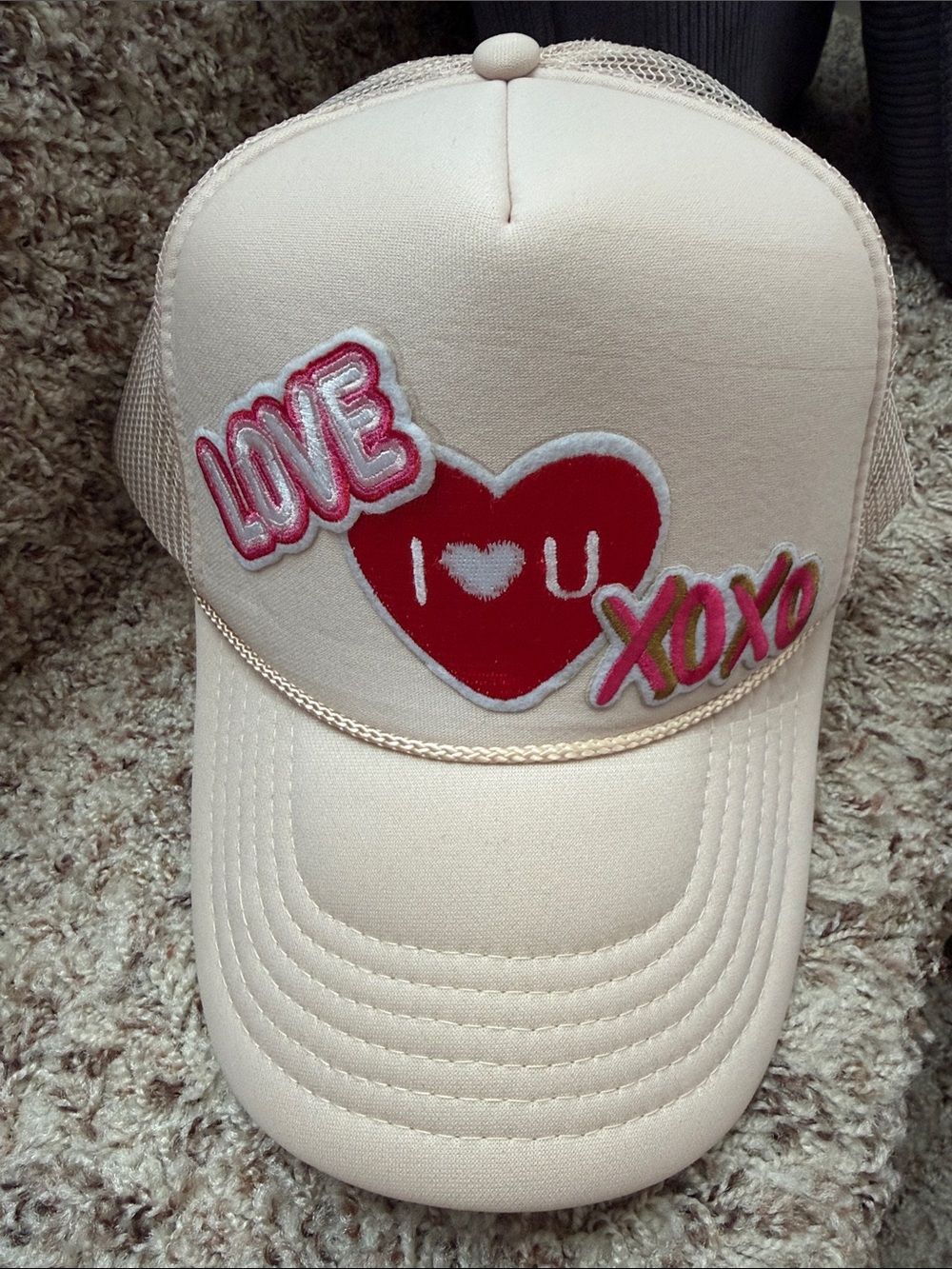 Love XOXO Heart Patch Trucker Hat - Cream & Red